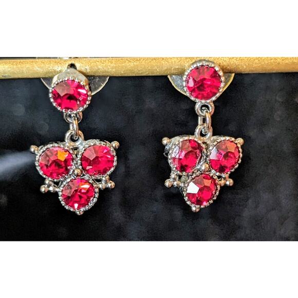 Ruby Red Crystal Dangle Drop Earrings in Gun Metal Setting - Picture 1 of 7